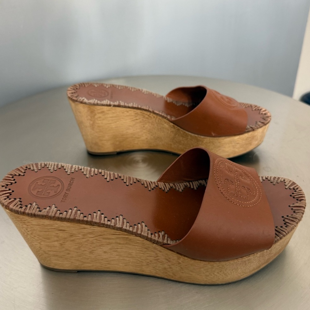 Tory Burch Tan Leather Wedge Sandals